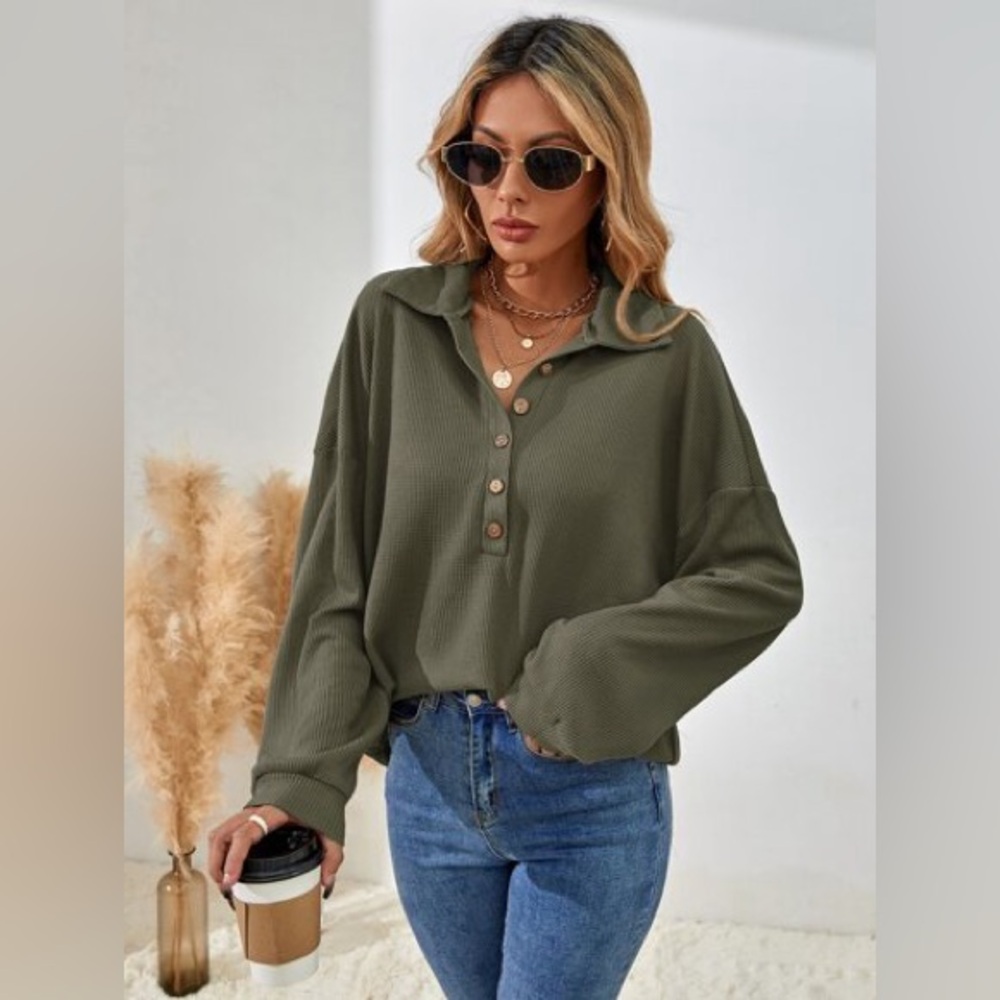 NEW - Women’s Half Button Drop Shoulder Tee - Size Medium - Army Green